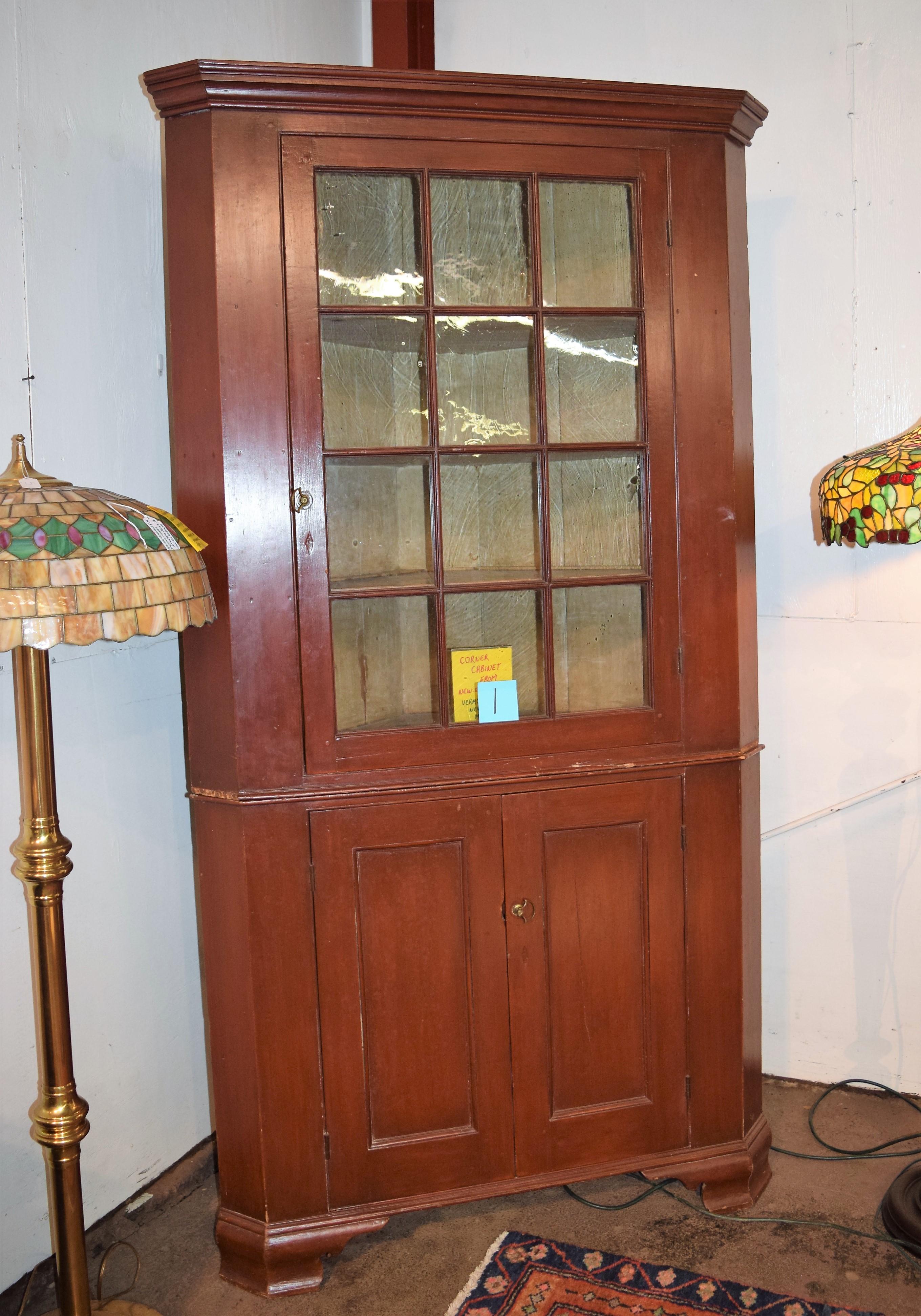 19th Century 12 Pane 2 Pc. Country Corner Cupboard in Red Paint w/ Wavy Glass