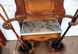 VICTORIAN WALNUT HALL TREE with UMBRELLA STANDS & MARBLE INSERT - PICK UP ONLY