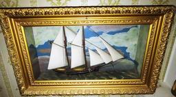 ANTIQUE SHIP DIORAMA IN GOLD GILT FRAME (28"X17.5"X6.5) - PICK UP ONLY