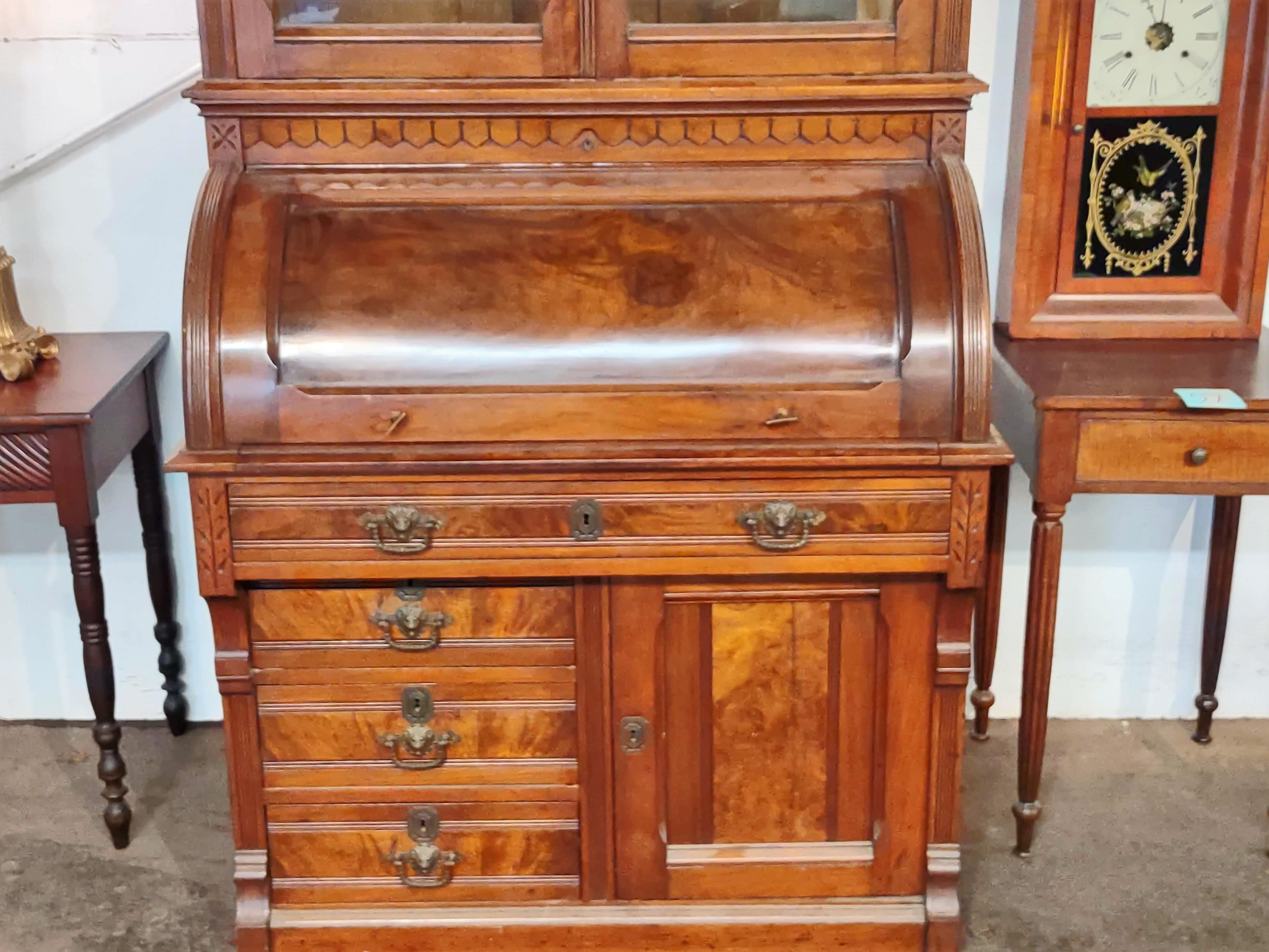 VICTORIAN BURLED WALNUT CYLINDER DESK - PICK UP ONLY