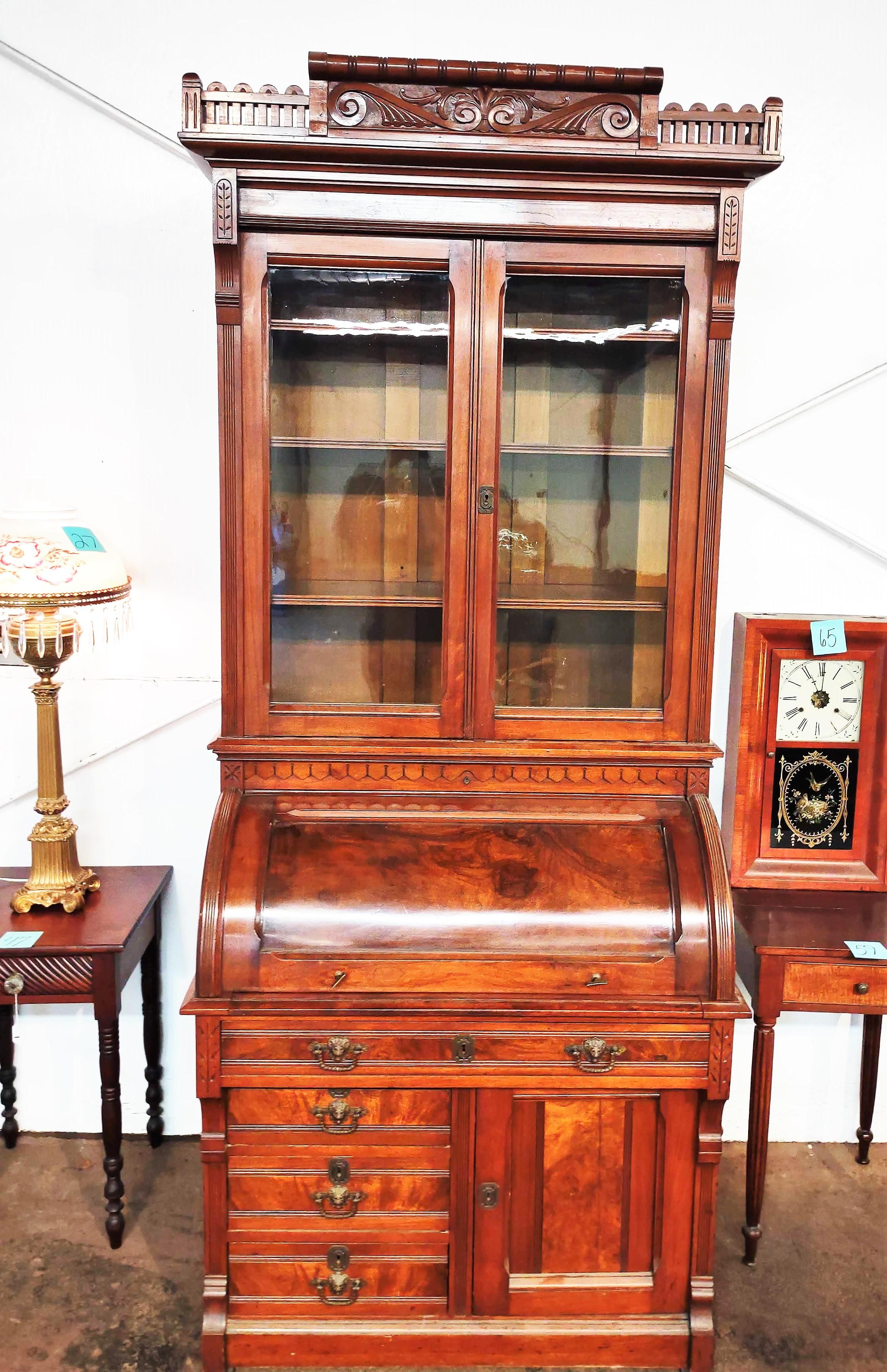 VICTORIAN BURLED WALNUT CYLINDER DESK - PICK UP ONLY