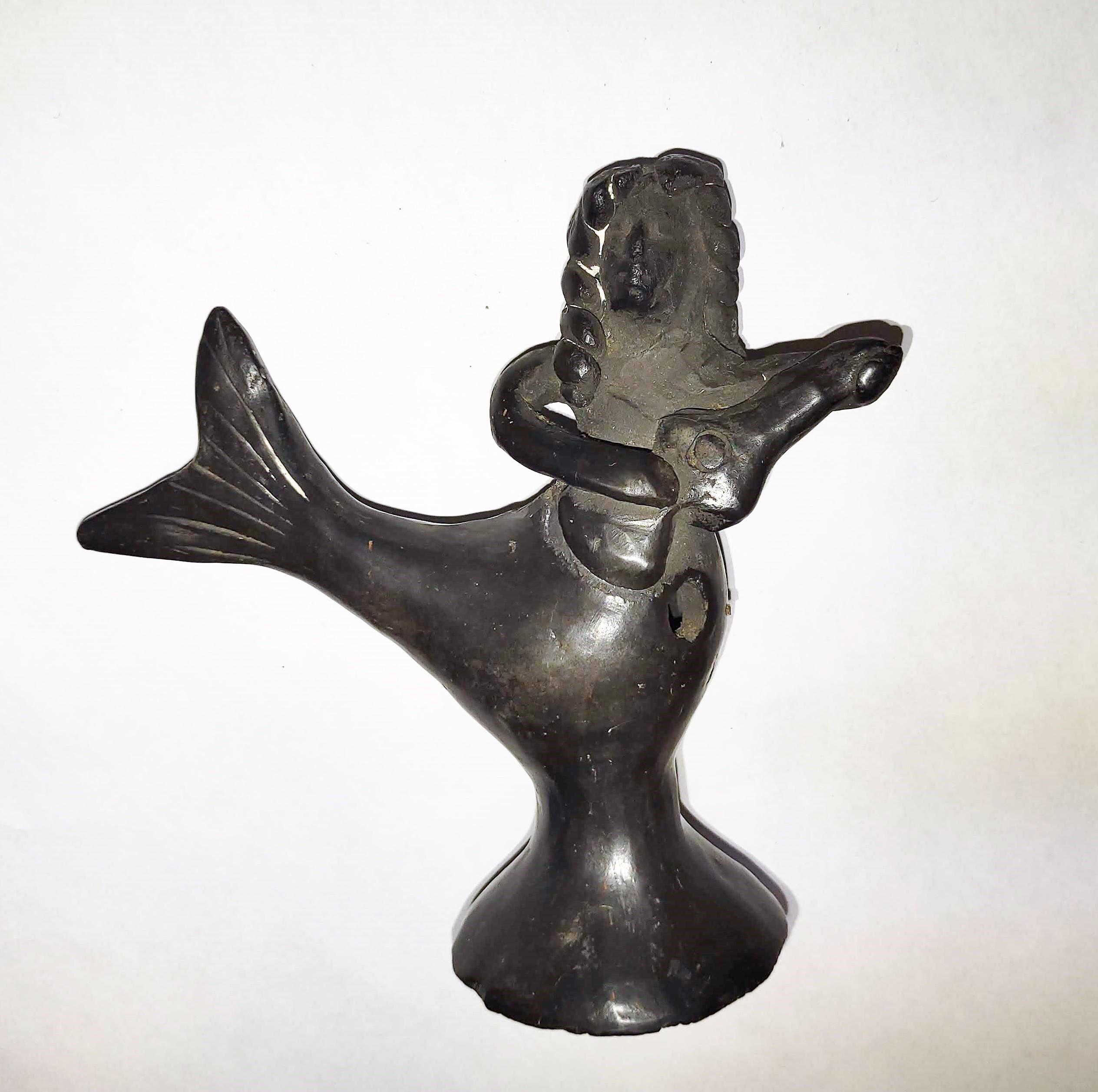 VINTAGE 5" FOLK ART BLACK POTTERY MERMAID WHISTLE