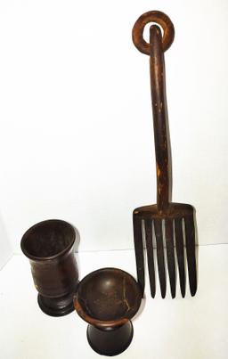1800's CARVED 14" WOODEN FORK, SHAKER, TREEN CUP