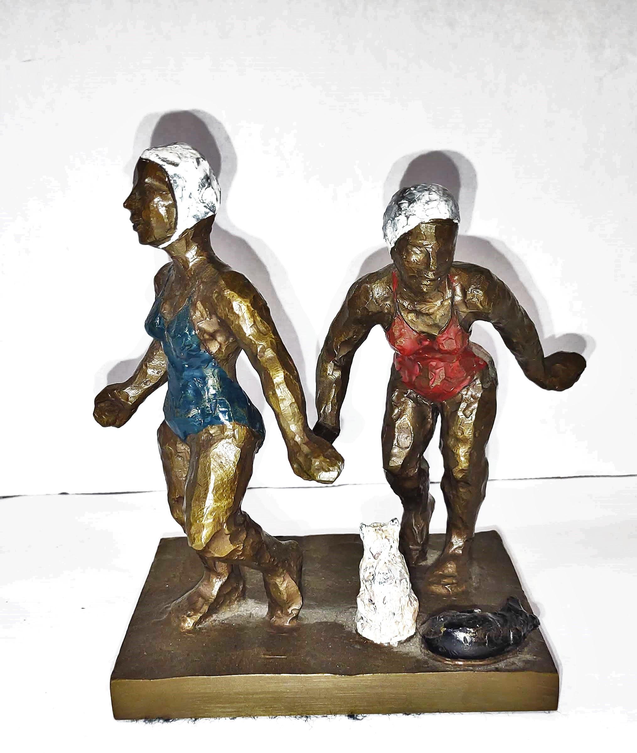 VINTAGE 6" BRONZE SCULPTURE with SWIMMERS & CATS (SIGNED LEES)