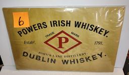 LG 22"wide POWERS IRISH WHISKEY METAL ADVERTISING SIGN- PICK UP ONLY