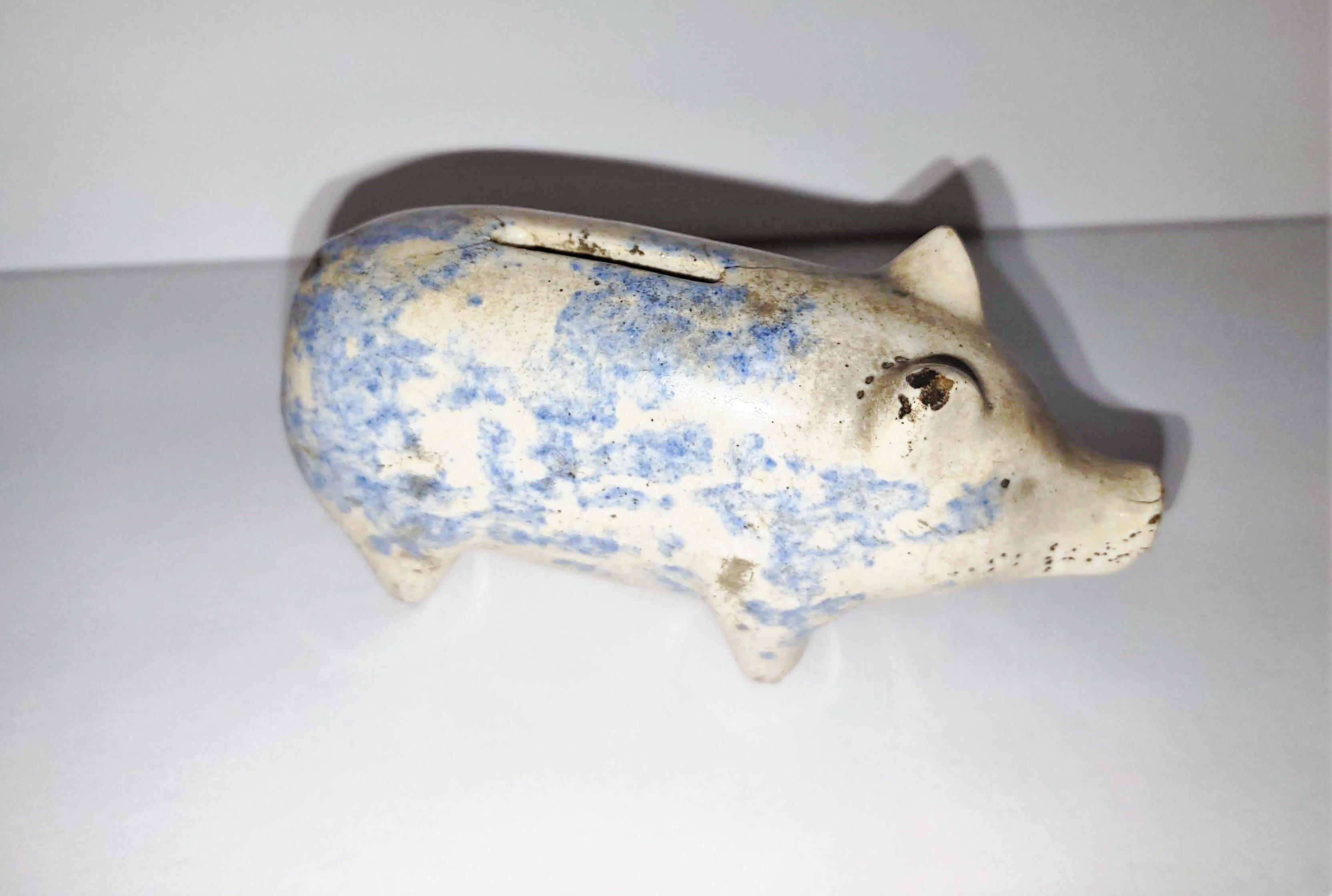 PRIMITIVE SPONGE PAINTED STONEWARE PIG BANK