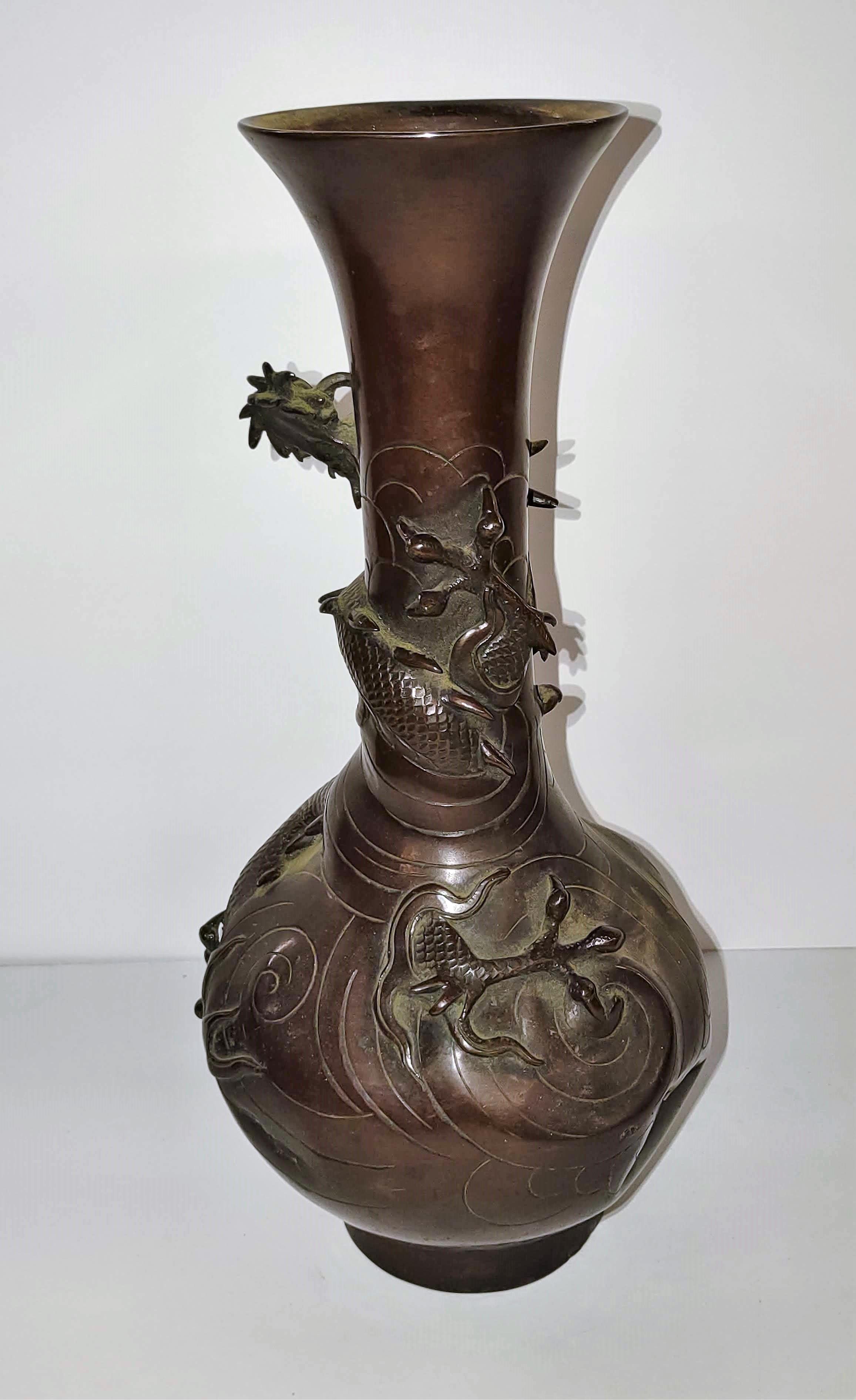 ANTIQUE BRONZE VASE WITH DRAGON ACCENT - DRILLED FOR LAMP