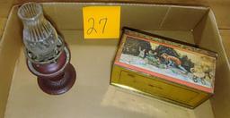 VINTAGE TIN ITEMS with MINIATURE OIL LAMP