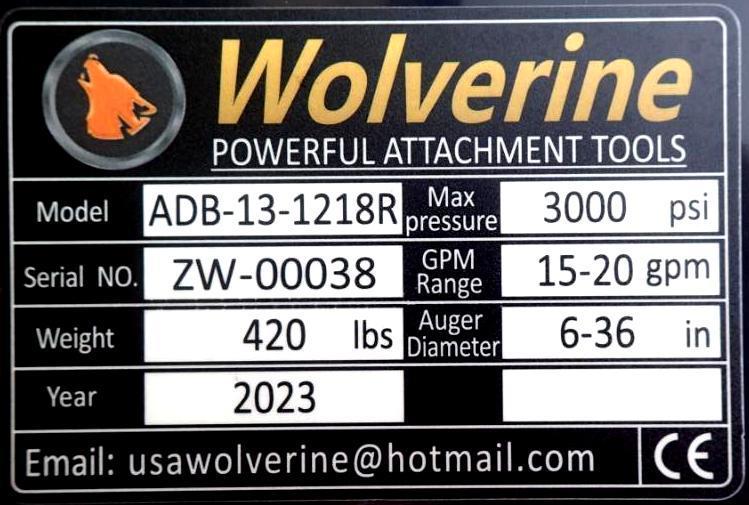 NEW - 2023 Wolverine Hydraulic Auger ADB-13-1218R