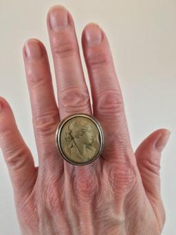 1820-1840 Ultra High Italian Lava Cameo Sterling Silver Ring Size 7