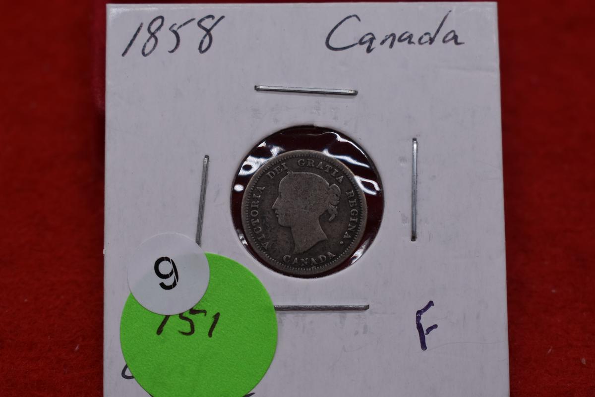 1858 Canadian Silver 5 Cents 1st Year - F