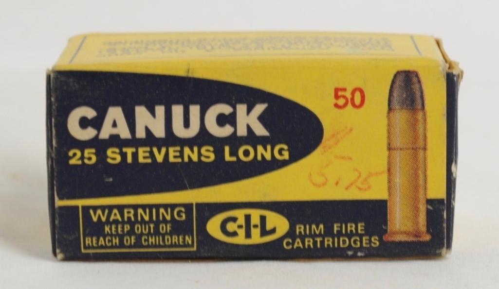 Canuck 25 Stevens Long Rimfire Cartridges Full Box