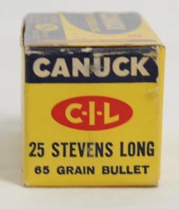 Canuck 25 Stevens Long Rimfire Cartridges Full Box