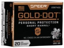 Speer 23974GD Gold Dot Personal Protection Short Barrel 40 SW 180 gr 950 fps Hollow Point HP 20 Bx