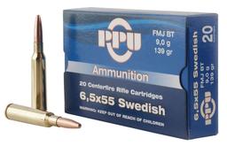 PPU PP6SWF Metric Rifle 6.5x55 Swedish 139 gr Full Metal Jacket Boat Tail 20 Per Box