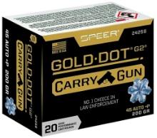 Speer 24258 Gold Dot Carry Gun 45 ACP P 200 gr 1080 fps Hollow Point HP 20 Bx