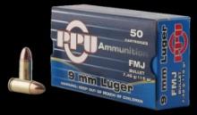 PPU PPH9F1 Handgun 9mm Luger 115 gr Full Metal Jacket FMJ 50 Per Box