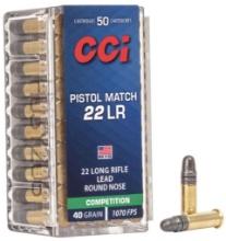 CCI 0051 Pistol Match Competition 22 LR 40 gr 1070 fps Lead Round Nose LRN 50 Bx