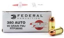 Federal RTP38095 Range Target RangeTargetPractice 380 ACP 95 gr Full Metal Jacket FMJ 50 Per Box