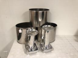 3 metal cans 2 candle sticks silver