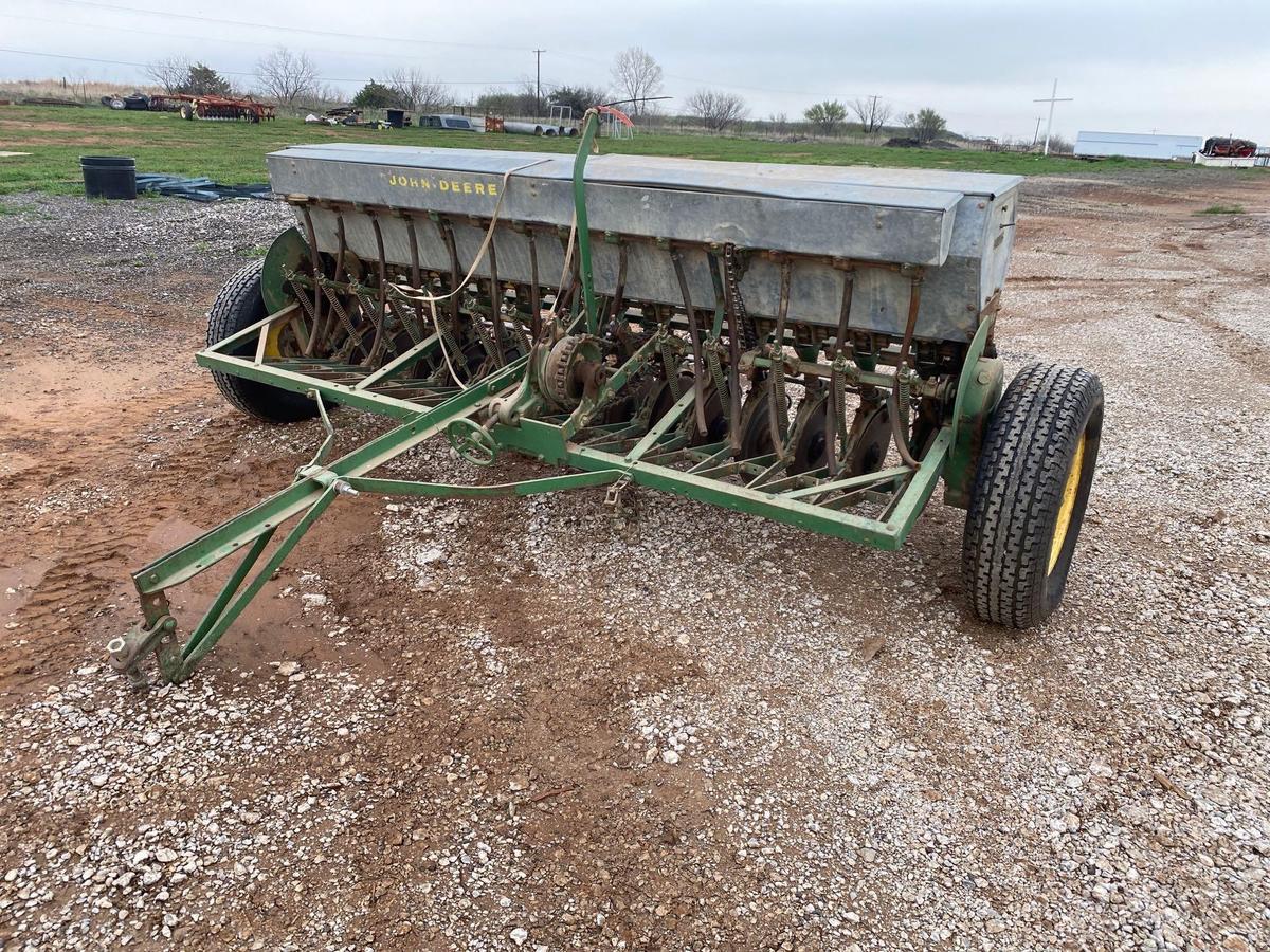 JOHN DEERE GRAIN DRILL 8.5' DOUBLE DISC 14 HOLE AND HAS... GRASS BOY 7" SPACING NEW TIRES GALVANIZED