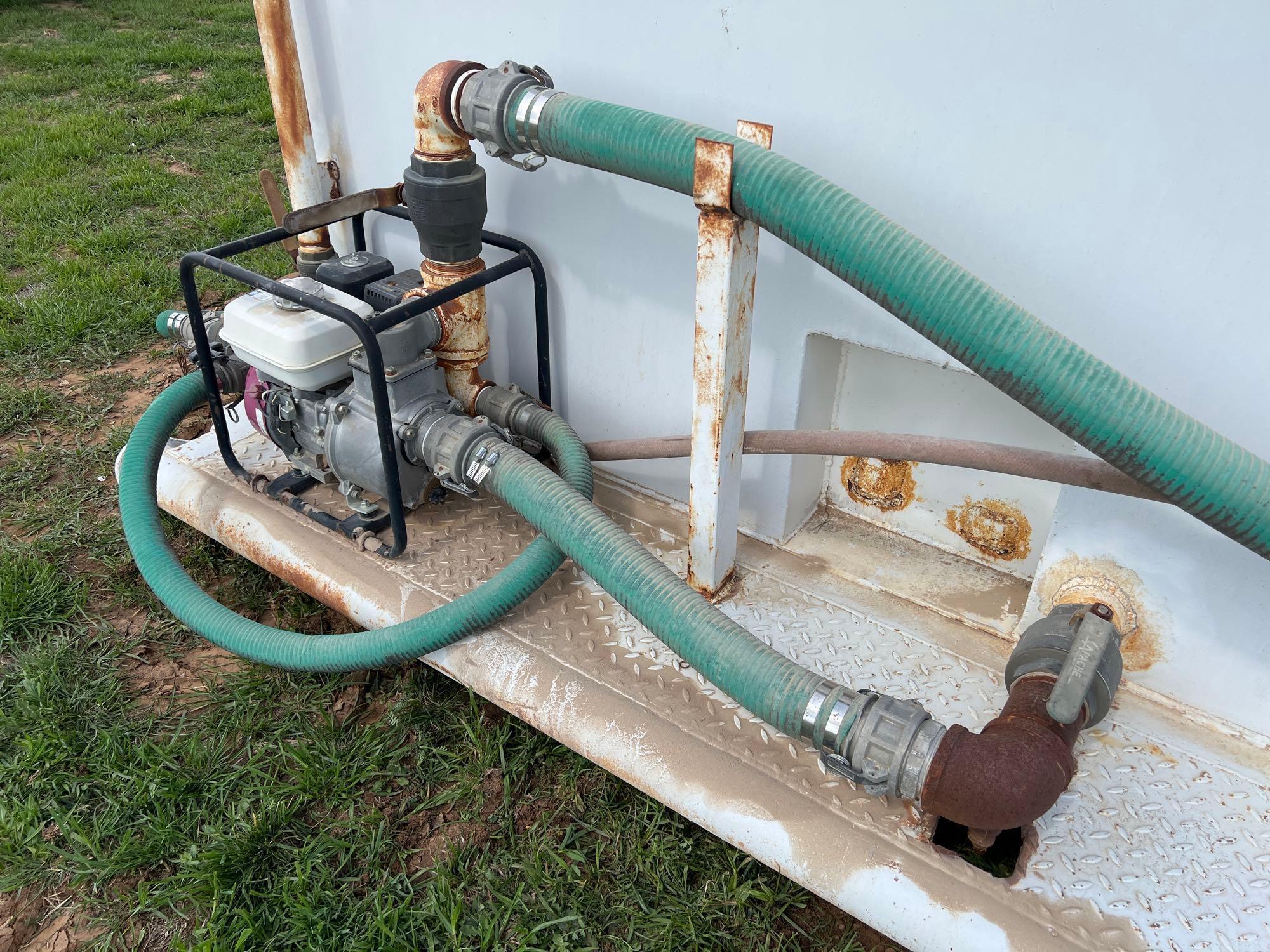 WATER TANK ON SKIDS EQUIPPED WITH GX 160 PUMP BACKED BY A HONDO MOTOR 7FT WIDE 10 FT LONG 4FT TALL