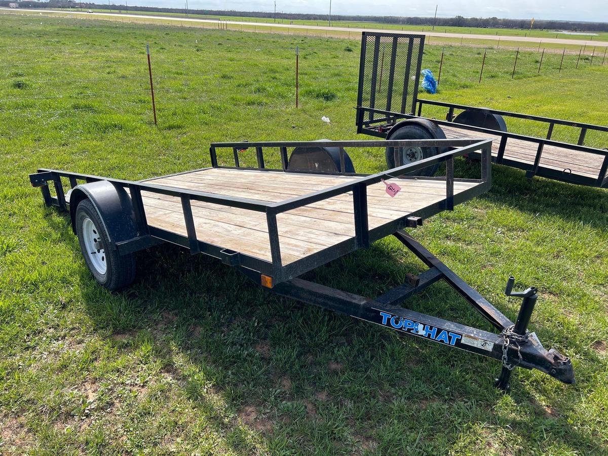 TOP HAT FLATBED TILT TRAILER 78 INCHES WIDE... 12'6" LONG SLUG AXLES 5 INCH TIRES SELLS WITH BILL OF