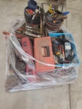 PALLET OF MISC TOOLS - VICE, GREASE GUNS, BATTERY TESTER, AND PIPE WRENCHES