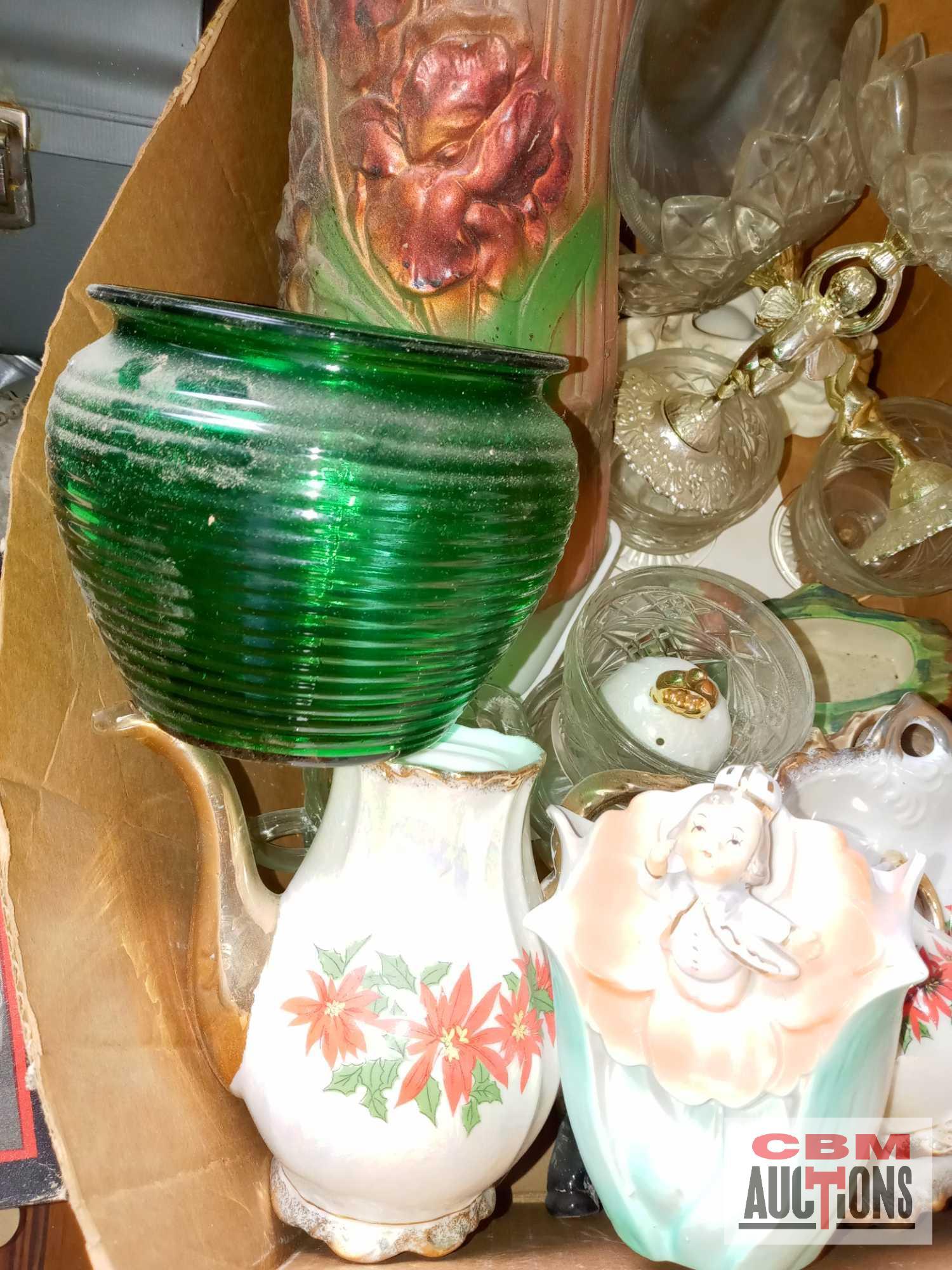 Green glassware, other glassware, decantur, tea pot