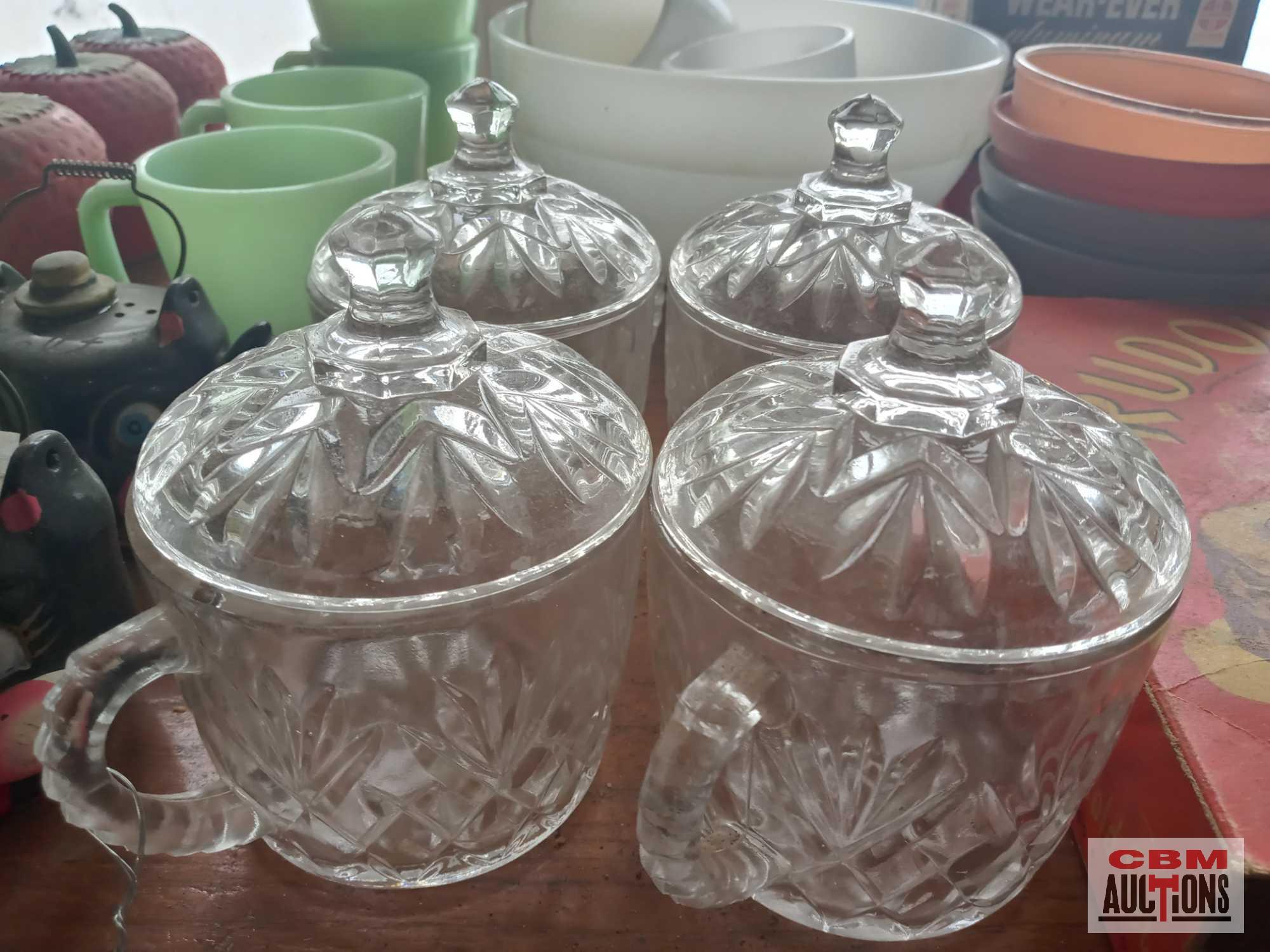 Covered strawberry dishes, Fire King and other glassware