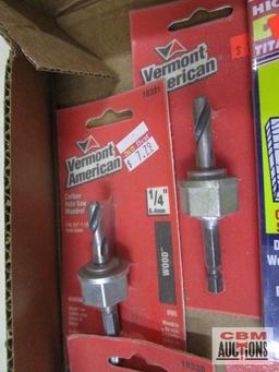 Vermont American carbon hole saws, 3/4" to 2"; 3 Vermont American 1/4" carbon hole saw mandrels