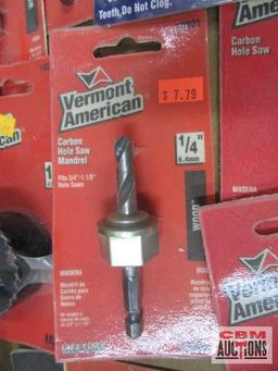 Vermont American carbon hole saws, 3/4" to 2"; 3 Vermont American 1/4" carbon hole saw mandrels