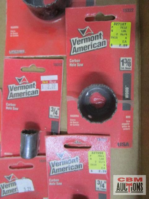 Vermont American carbon hole saws, 3/4" to 2"; 3 Vermont American 1/4" carbon hole saw mandrels