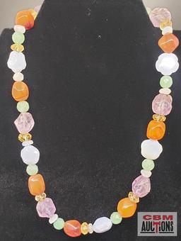 Necklace with a Mix of Stones and Glass Beads Strung on Wire, 16" with 4"