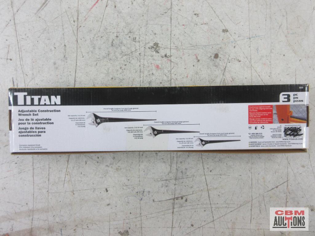 Titan 223 _ 3pc... Adjustable Wrench Set... Sizes: 10" OAL Jaw 1-1/8" (30mm) 12" OAL Jaw 1-5/16" (36