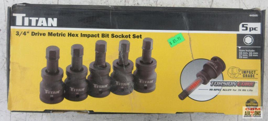 Titan 44505 5pc 3/4" Drive Metric Hex Impact Bit Socket Set Sizes: 15mm, 16mm, 17mm, 18mm, & 19mm