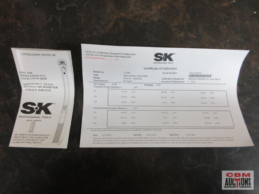 Sk 77250... 1/2" Drive Micrometer Adjustable Torque Wrench 30-250ft. lbs.