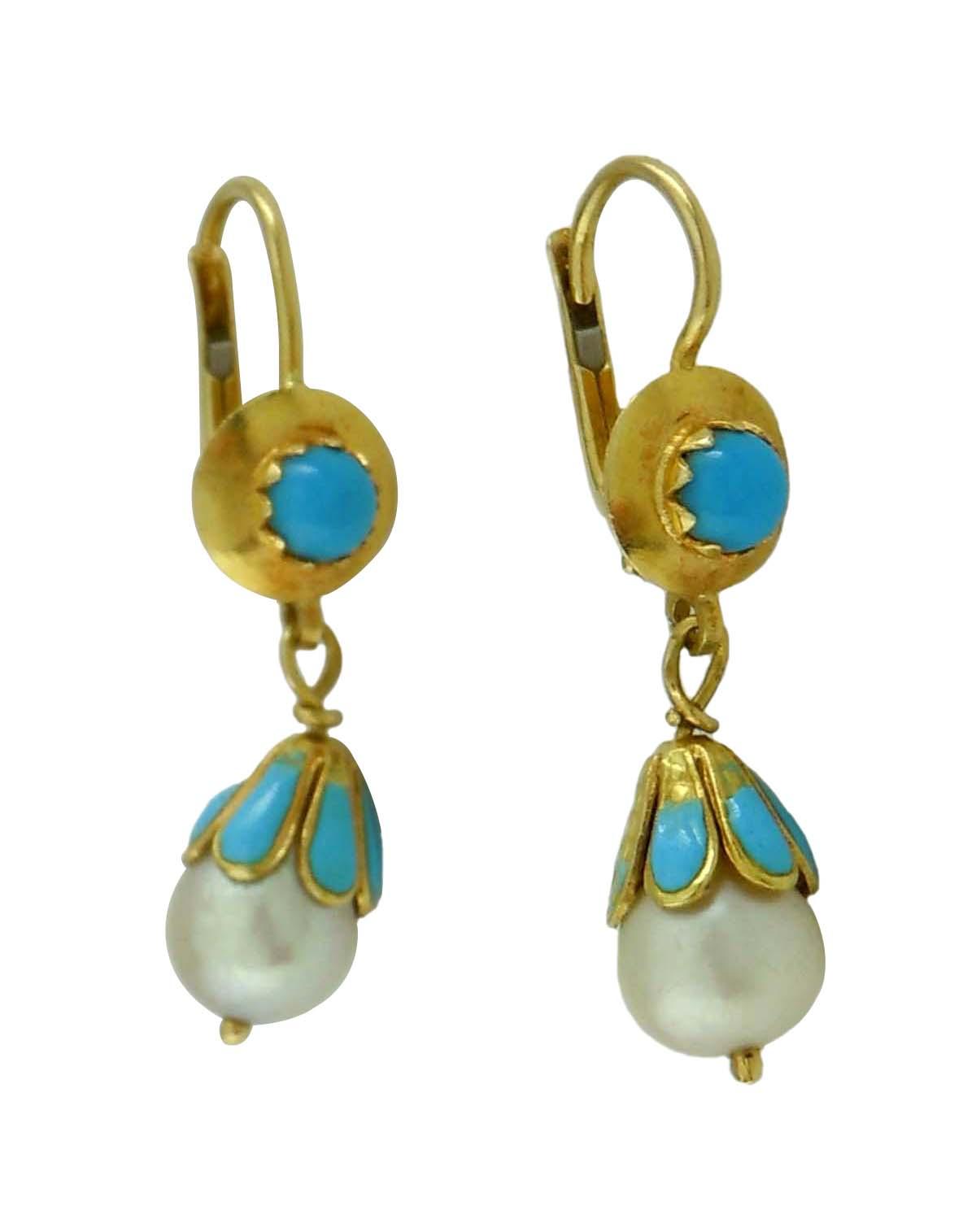 18KT GOLD CELESTE BLEU ENAMEL PEARL TURQUOISE EARRINGS