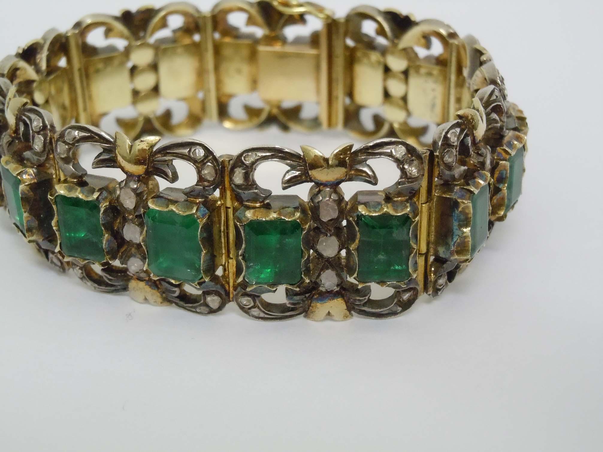 GEORGIAN SILVER AND GOLD DIAMOND GREEN CHALCEDONY BRACELET, OLD MINE-CUT AND ROSE-CUT, 68.4 GRAMS