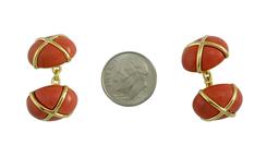 MEN'S 18KT GOLD SALMON PINK CORAL CABOCHON CUFFLINKS