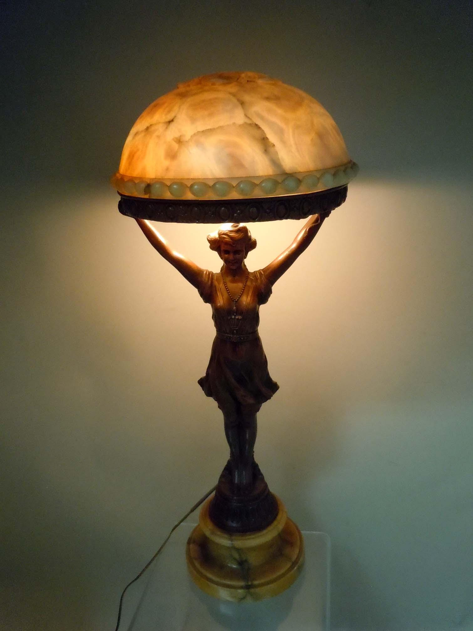 ART DECO CABARET DANCER ALABASTER BOUDOIR LAMP c. 1930