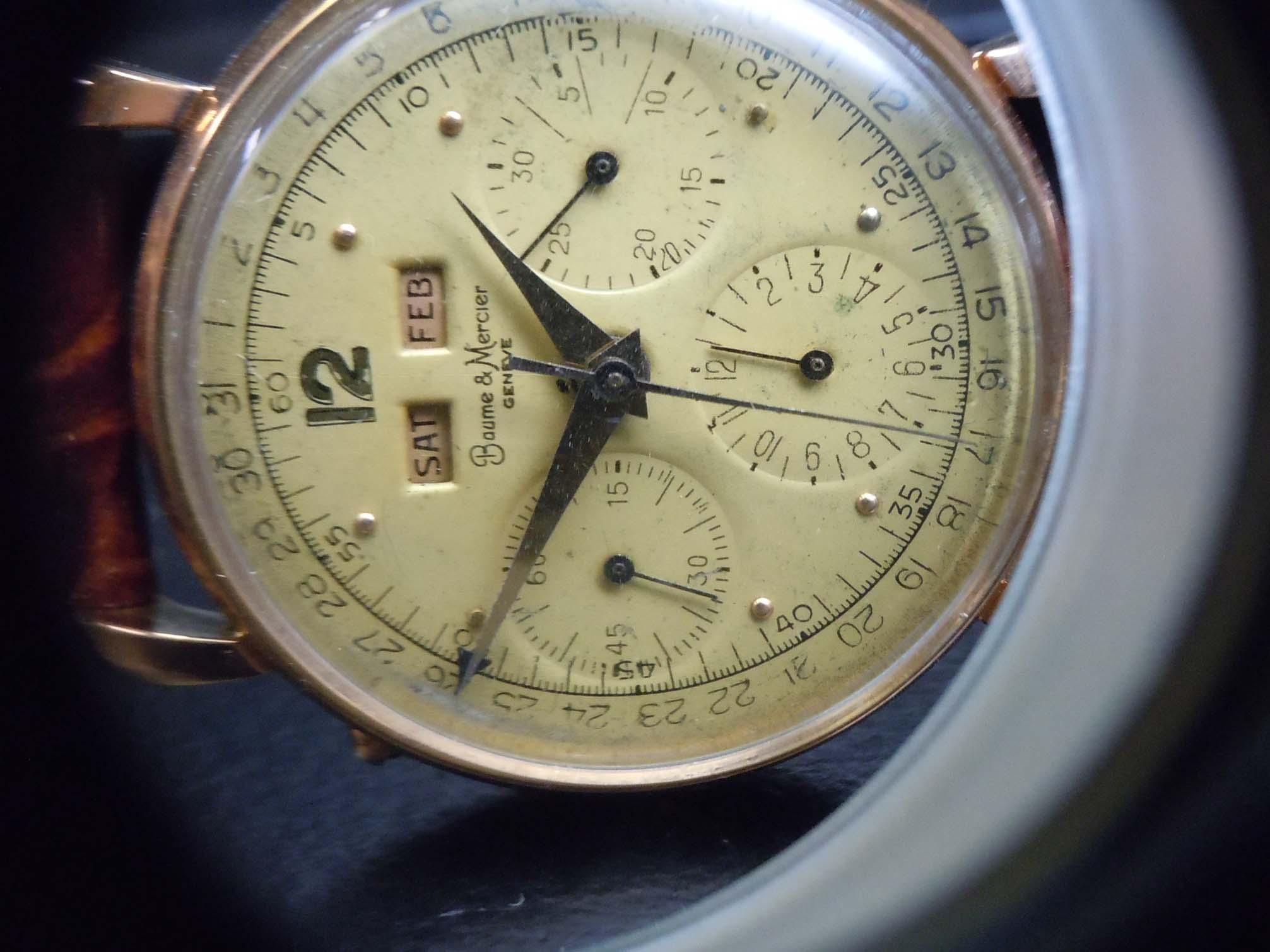 MEN'S 18KT ROSE GOLD BAUME & MERCIER 3910 CALENDAR CHRONOGRAPH 1940S SWISS VALJOUX 72C Movement (use