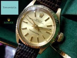 14KT GOLD ROLEX 6917 CHAMPAGNE STICK TIFFANY DIAL WATCH