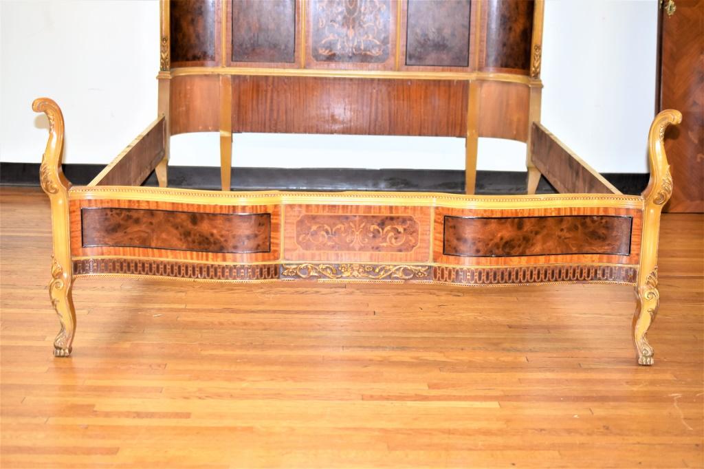 French Inlaid & Carved Bed Frame