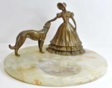 Art Deco Onyx Bronze Dog and Woman Sculpture