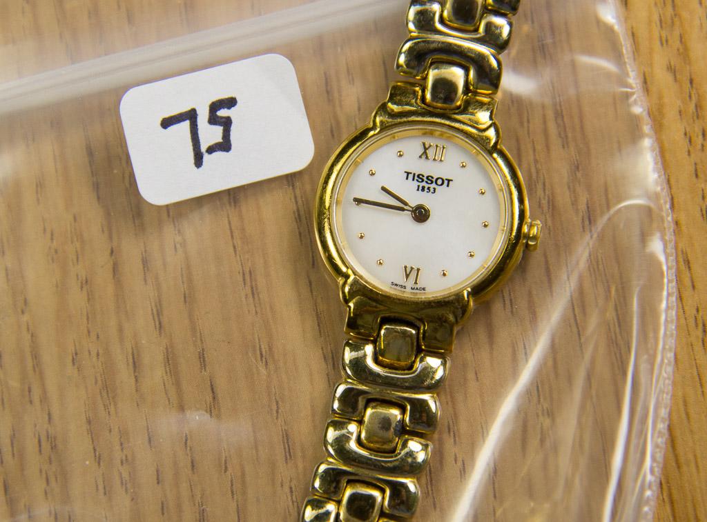 Tissot ladies' heavy gold fill wristwatch with mother of pearl dial. Needs battery