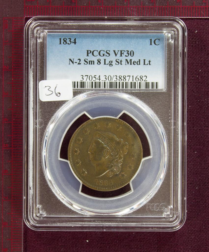 1834 Coronet Large Cent N-2 Sm. 8 Lg. St Med Lt PCGS VF30