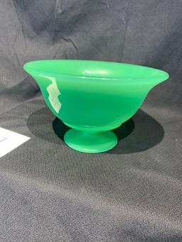 Art Glass Vintage Fenton Rolled Edge Jadite Bowl 4.25 In Tall 7 1/8 Diameter