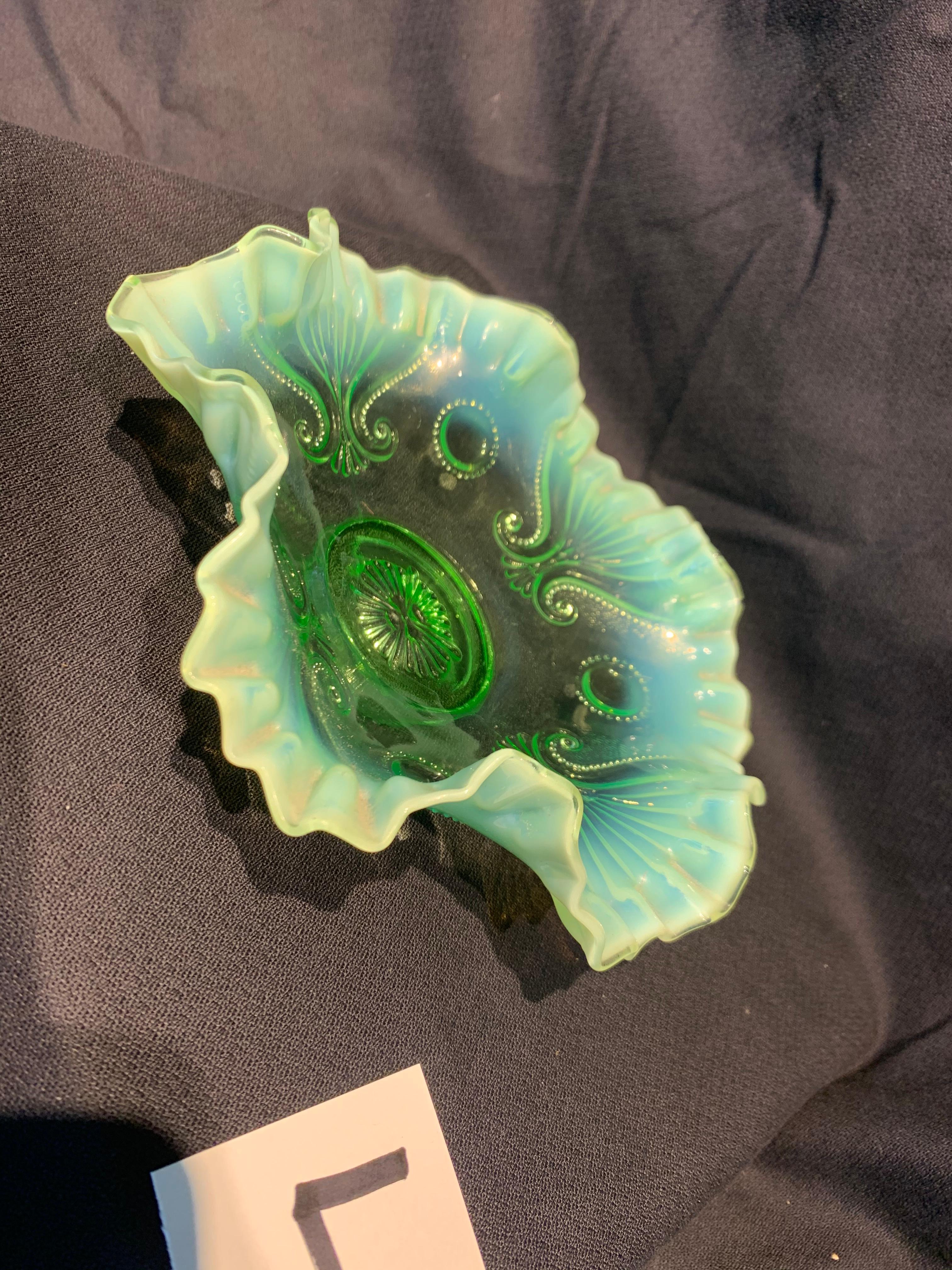 Jefferson Glass Co. Meander Green Candy Bowl Ruffled Edge 8" Diameter