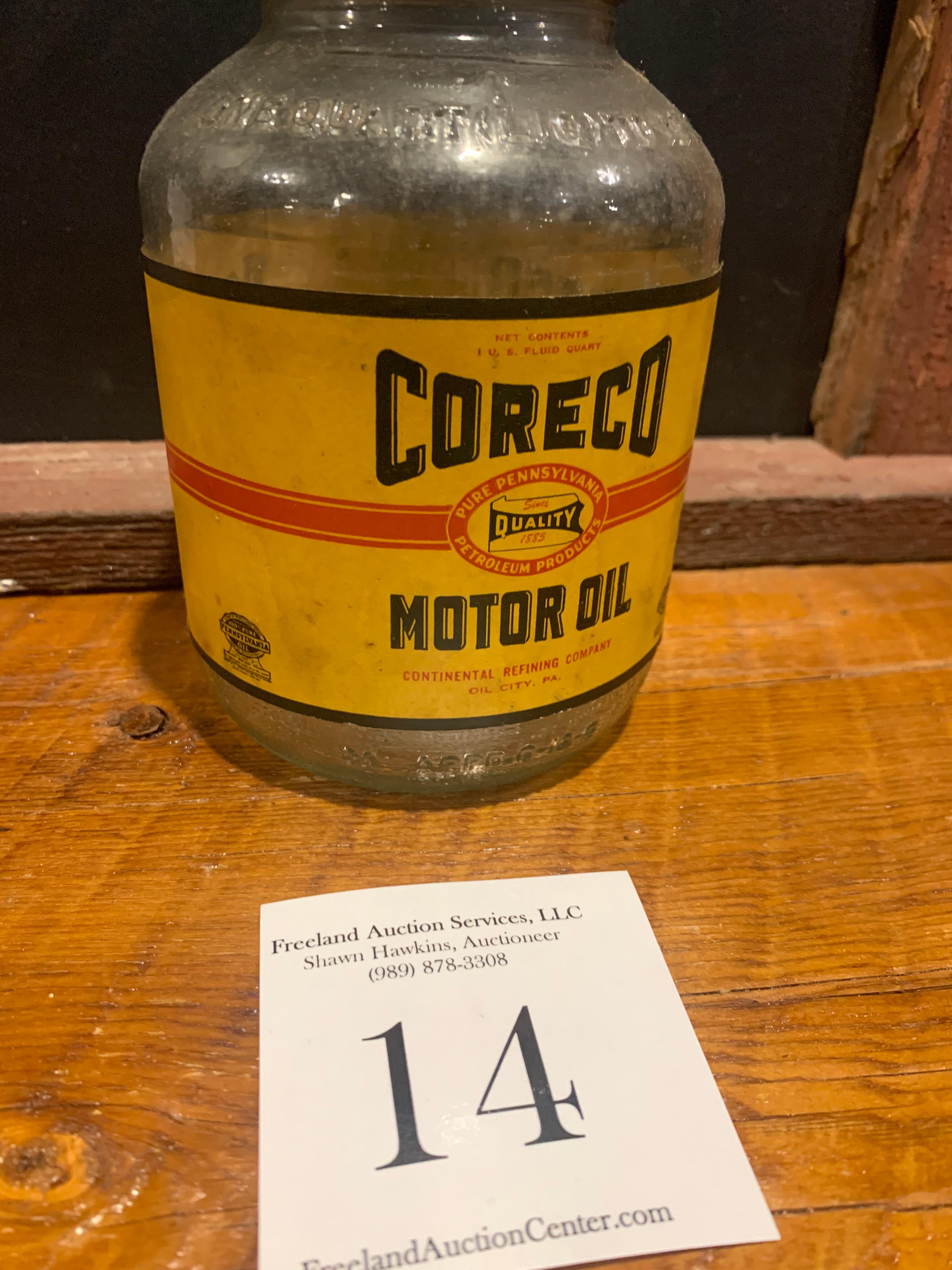 Original Coreco Motor Oil Continental Refining Company Oil City, Pa 1 Us Quart Glass Bottle